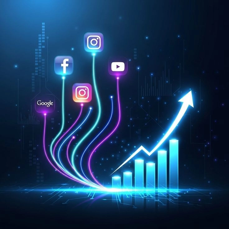Digital marketing growth concept with analytics and social platforms