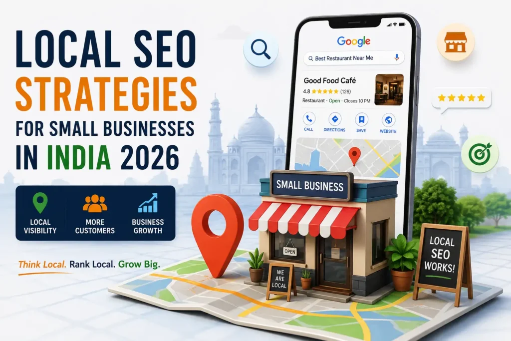 Local SEO for small businesses in India 2026 illustration showing Google Maps, storefront, and location pin for better local search visibility.